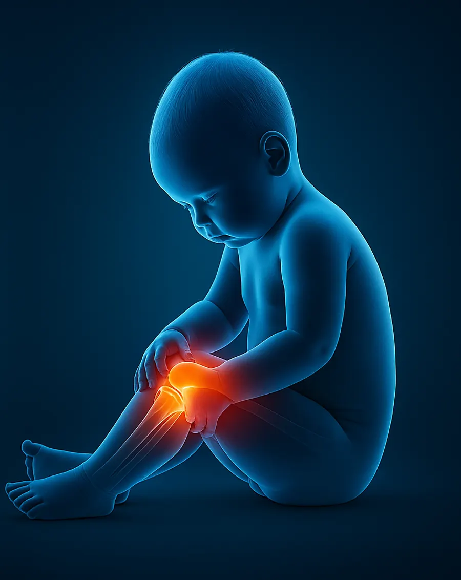 Illustration of a young child's skeleton with the knee growth area highlighted