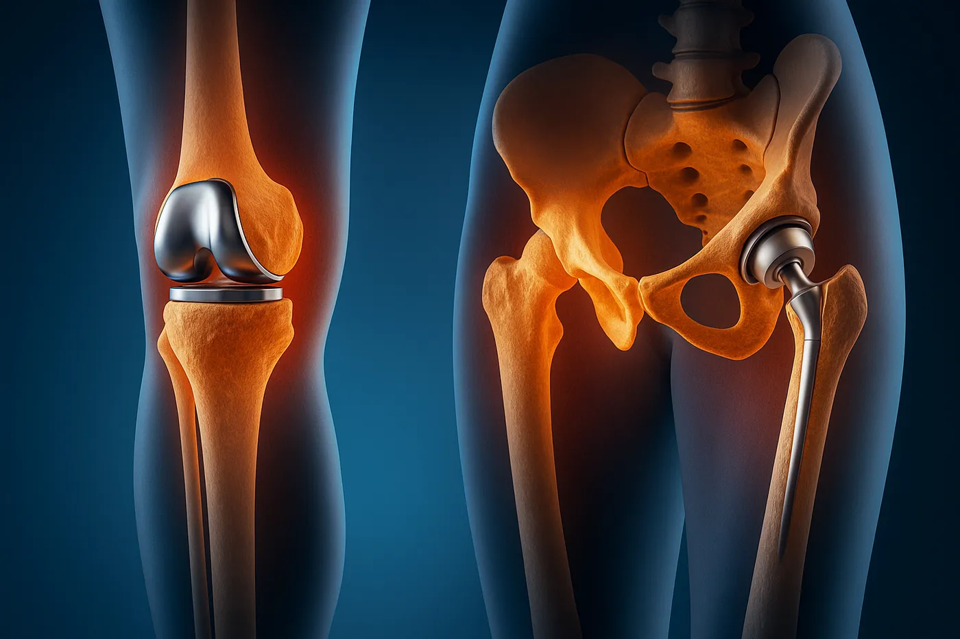 Illustration of hip and knee joints showing where replacement implants sit