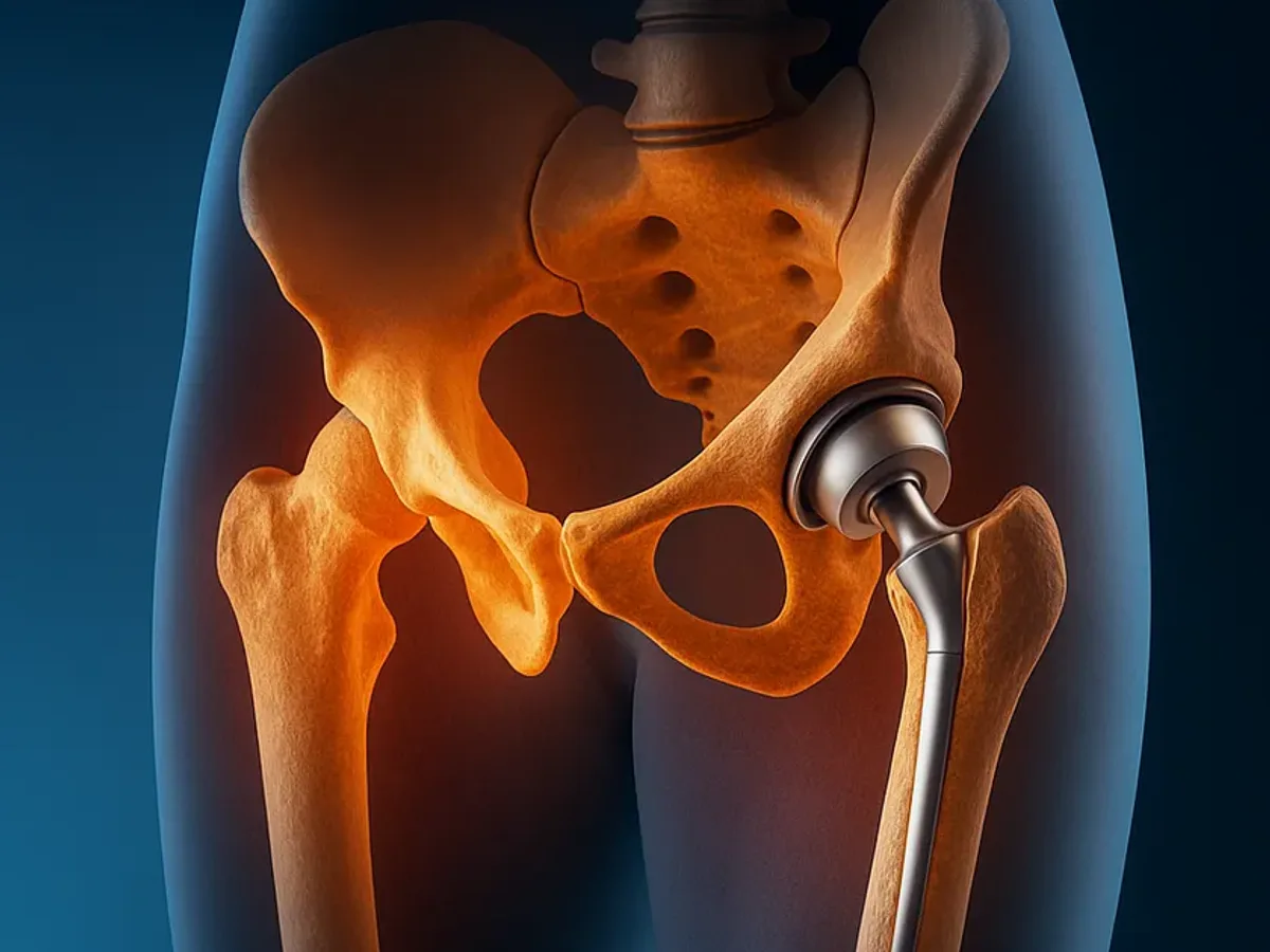 Illustration of a total hip replacement implant in the pelvis and femur