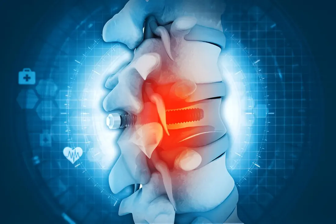 Illustration of a slipped (herniated) lumbar disc pressing on a nerve root