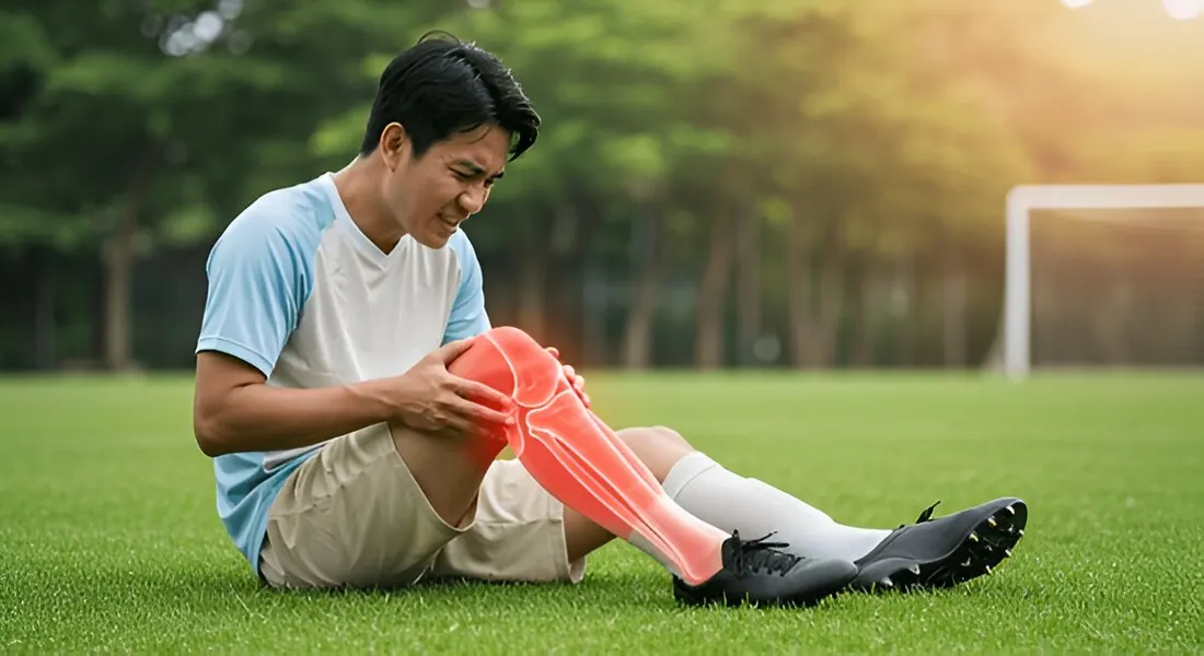 Sportsperson holding a painful knee on the field after an injury